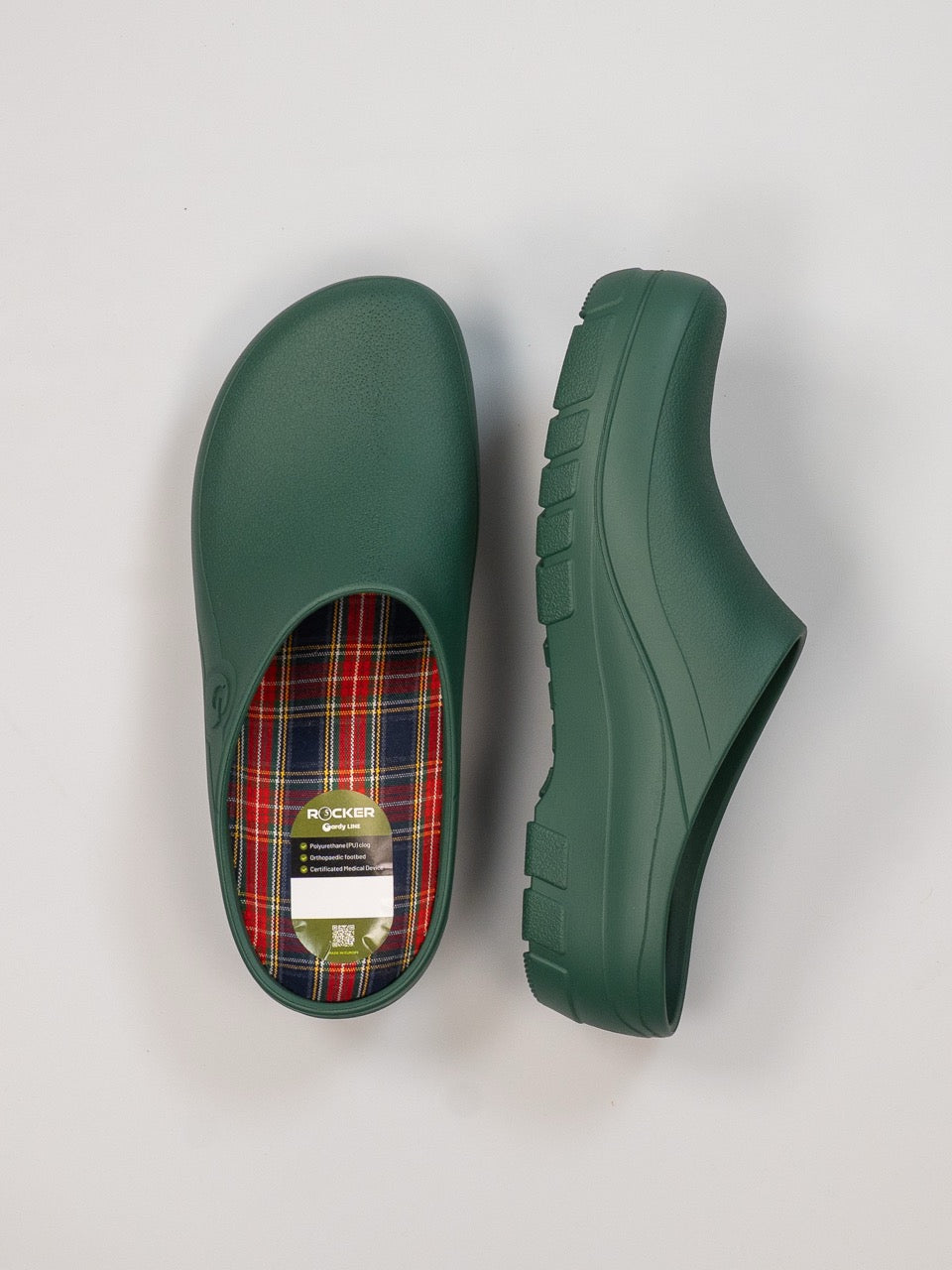Groene Rocker Gardy Cork Green tuinklompen van bovenaf en van opzij, met open hiel